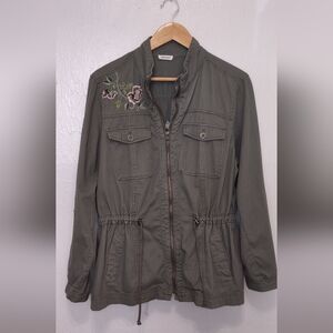Green Floral Embroidered Military/Utilitary Work wear Jacket XL Drawstring Waist